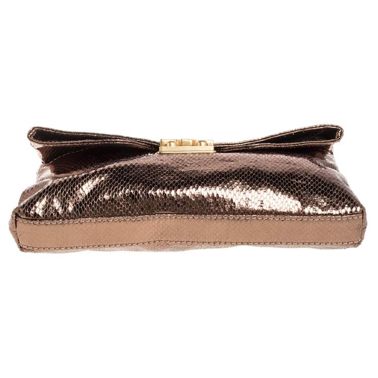 Pre Owned Marc by Marc Jacobs Metallic Bronze Snakeskin Effect Patent Leather Pushlock Flap Clutch