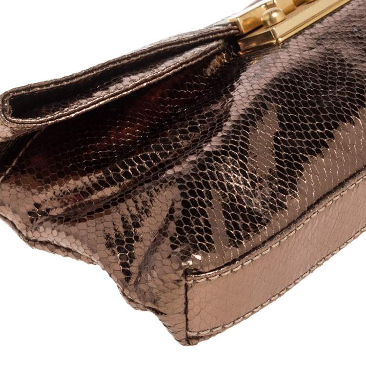 Pre Owned Marc by Marc Jacobs Metallic Bronze Snakeskin Effect Patent Leather Pushlock Flap Clutch