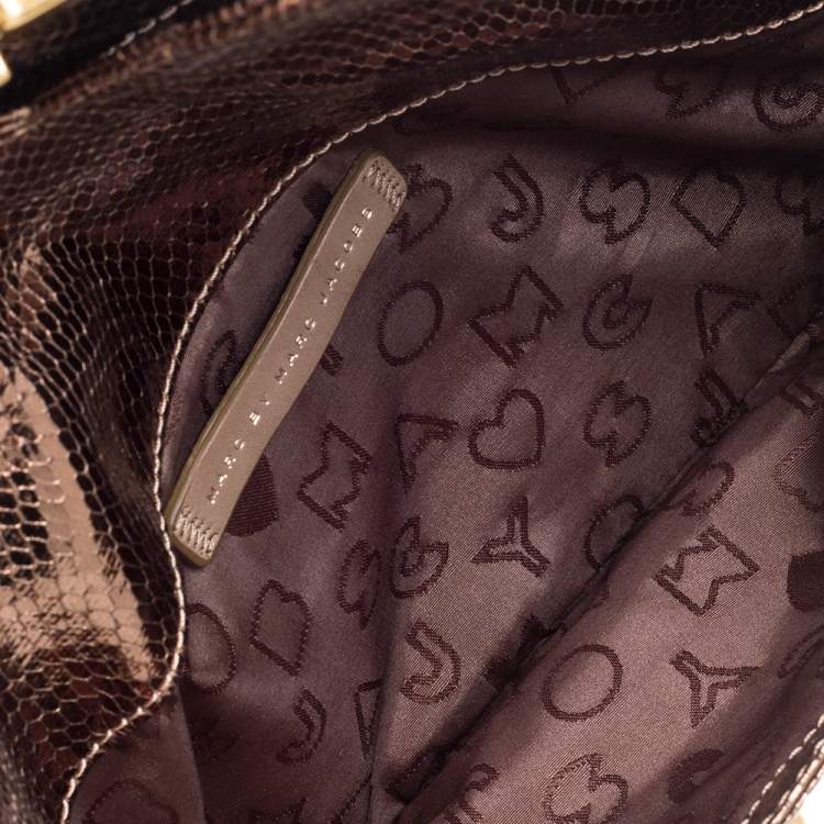 Pre Owned Marc by Marc Jacobs Metallic Bronze Snakeskin Effect Patent Leather Pushlock Flap Clutch
