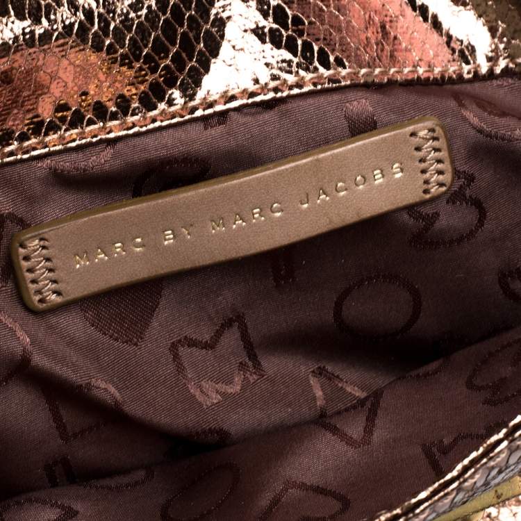 Pre Owned Marc by Marc Jacobs Metallic Bronze Snakeskin Effect Patent Leather Pushlock Flap Clutch