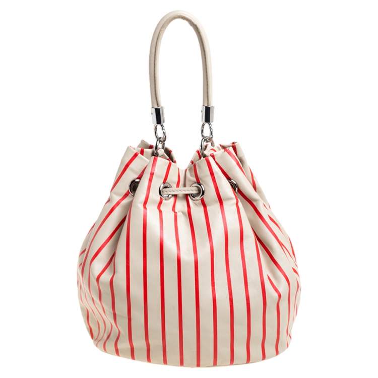 Pre Owned Marc by Marc Jacobs Beige/Red Striped Leather Too Hot To Handle Drawstring Hobo