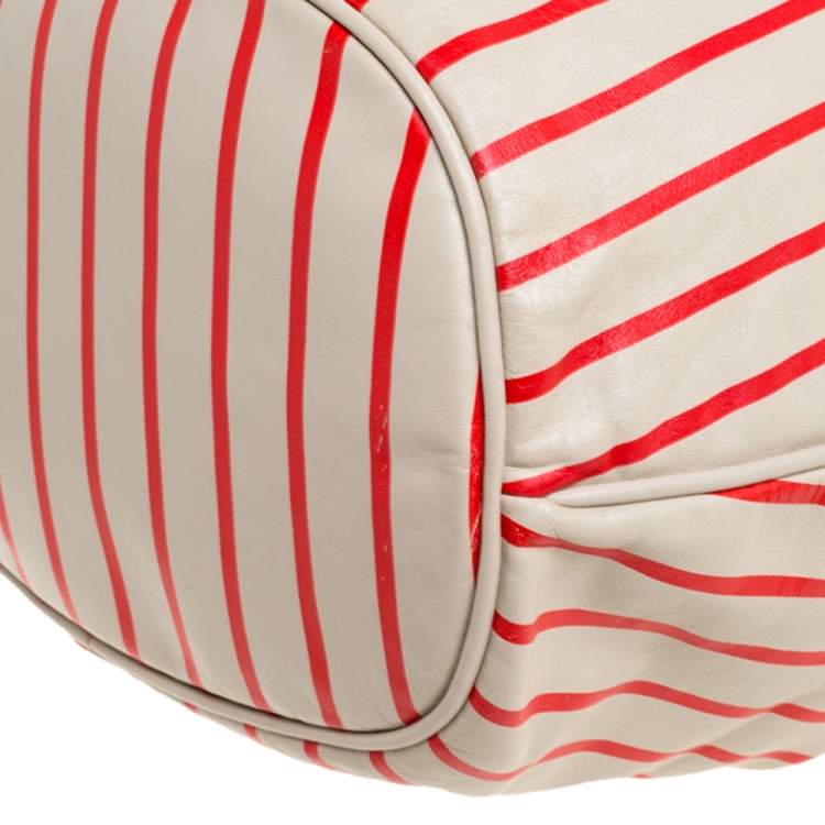 Pre Owned Marc by Marc Jacobs Beige/Red Striped Leather Too Hot To Handle Drawstring Hobo