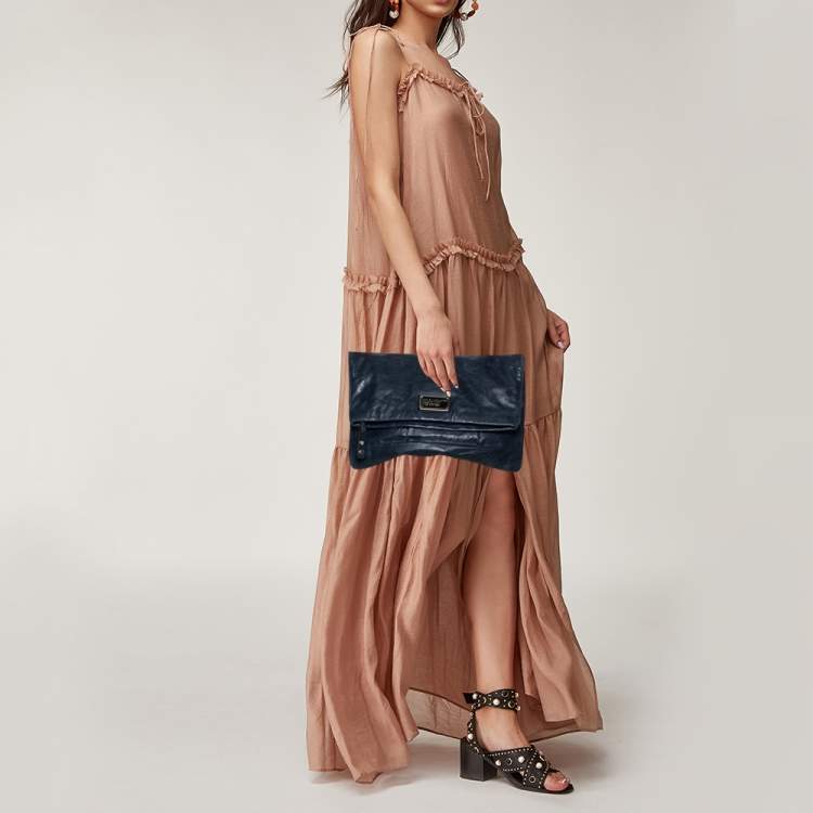 مملوكة مسبقًا Marc by Marc Jacobs Blue Crinkled Leather Foldover Clutch