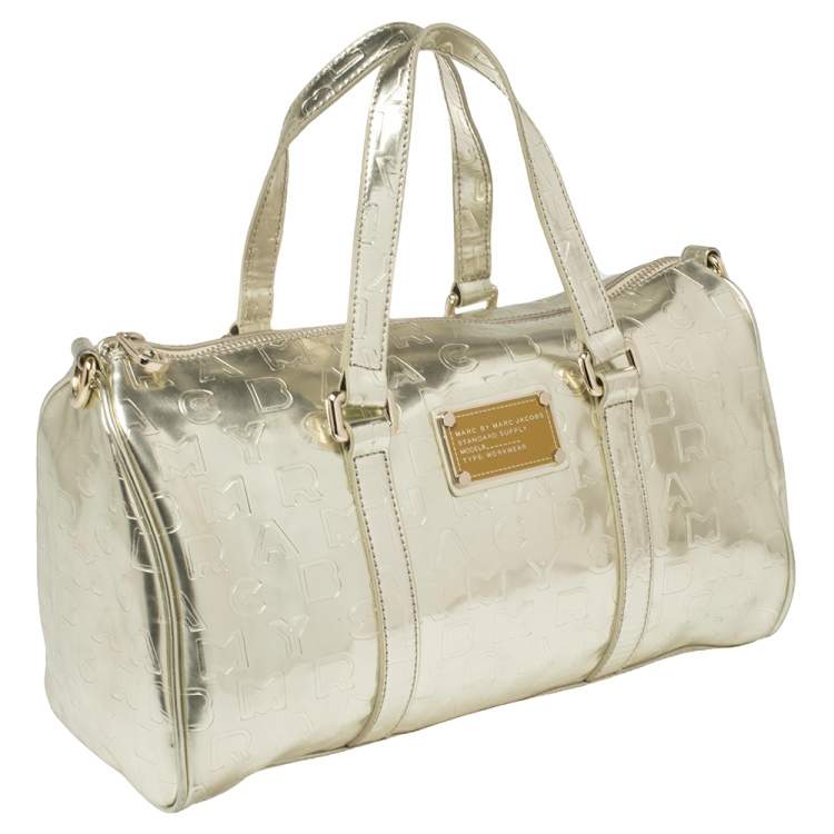 Pre Owned Marc by Marc Jacobs Metallic Gold Embossed Glossy Leather Boston Bag