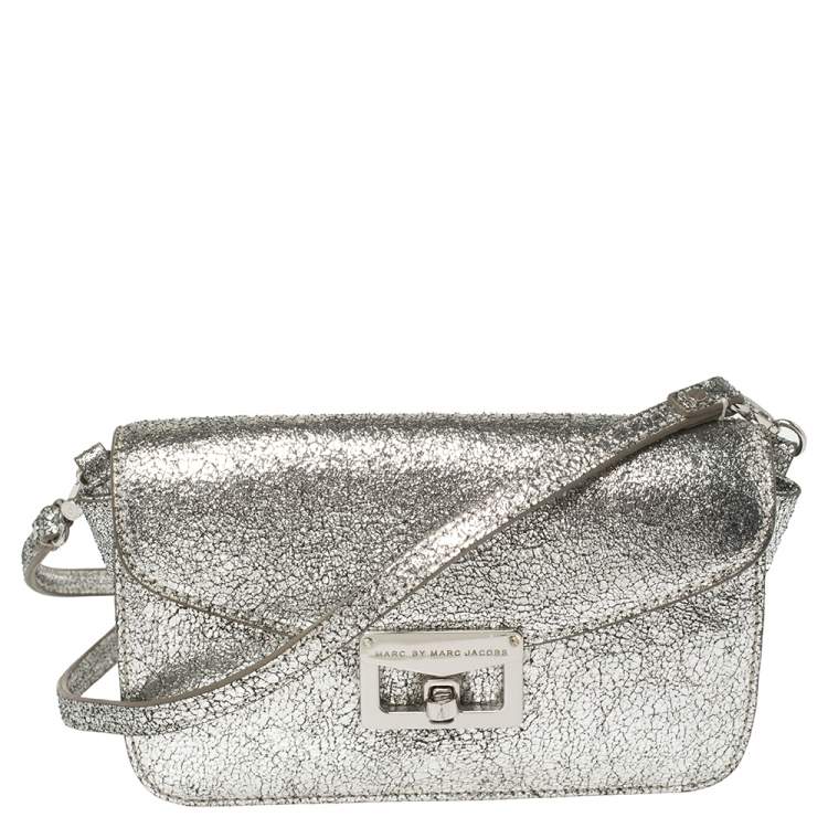 Pre Owned Marc by Marc Jacobs Silver Crackled Leather Shoulder Bag