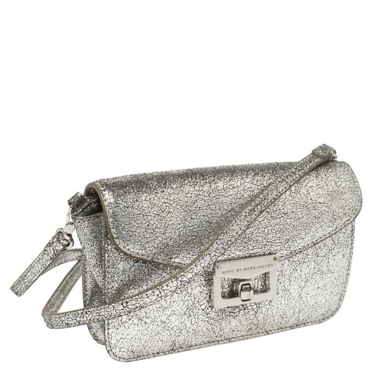 Pre Owned Marc by Marc Jacobs Silver Crackled Leather Shoulder Bag