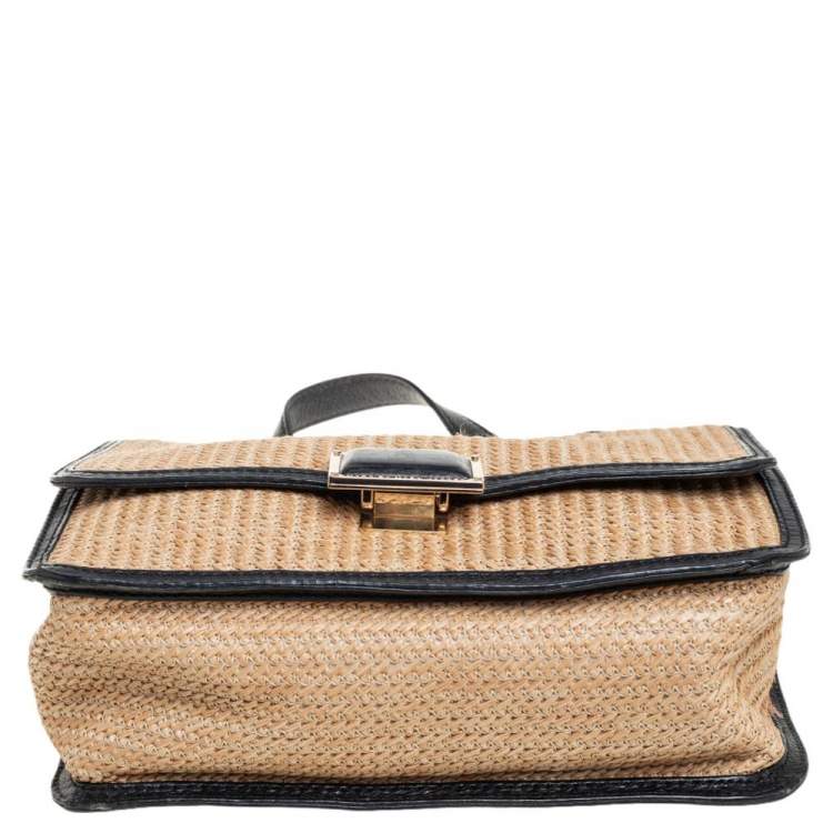Pre Owned Marc by Marc Jacobs Beige/Black Leather And Straw Top Handle Bag