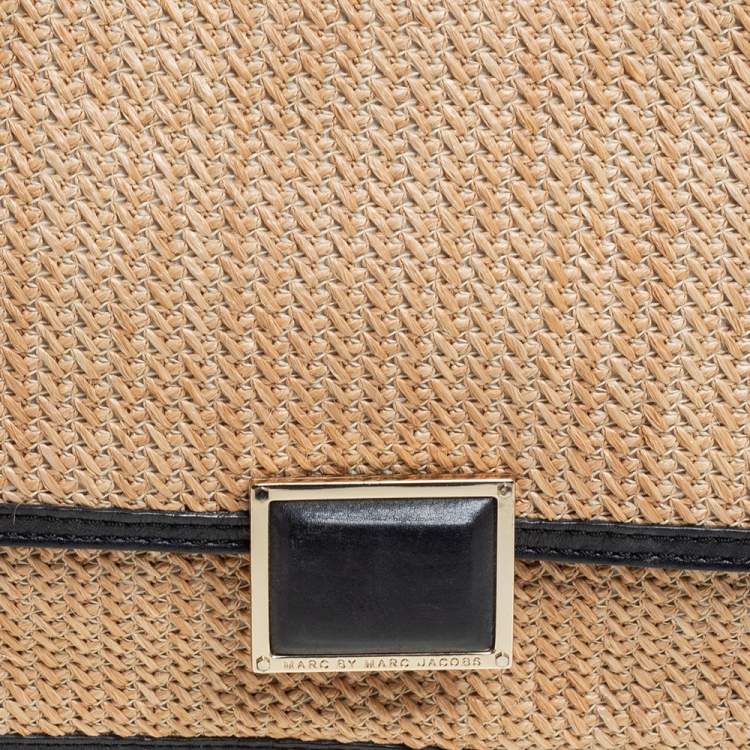 Pre Owned Marc by Marc Jacobs Beige/Black Leather And Straw Top Handle Bag