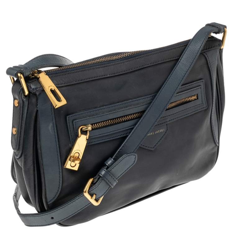 Pre Owned Marc By Marc Jacobs Navy Blue Leather Zip Crossbody Bag
