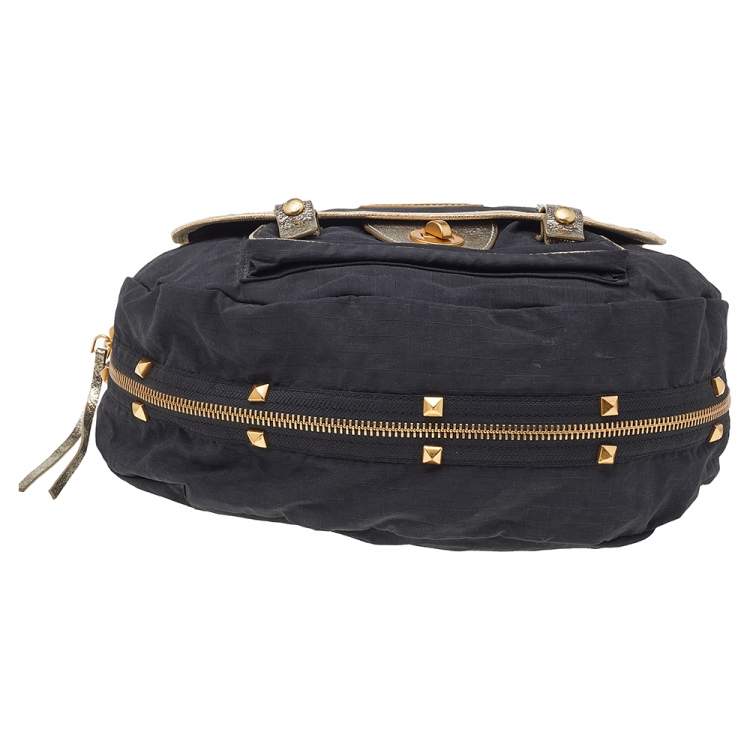 Pre Owned Marc By Marc Jacobs Black/Gold Fabric And Crackle Leather Flap Messenger Bag