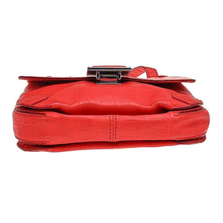 Pre Owned Marc by Marc Jacobs Bright Orange Croc Embossed PVC Top Handle Bag