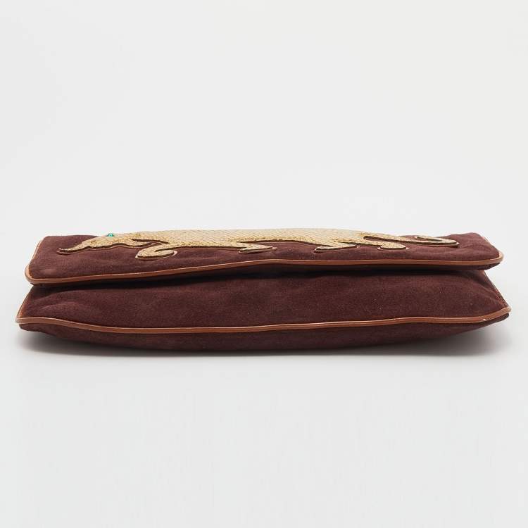 مملوكة مسبقًا Marc by Marc Jacobs Maroon/Gold Suede and Leather Flap Clutch