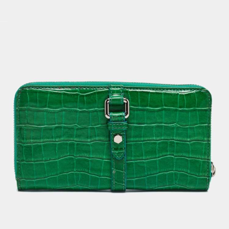 Pre Owned Marc by Marc Jacobs Green Croc Embossed Patent Leather Zip Around Wallet