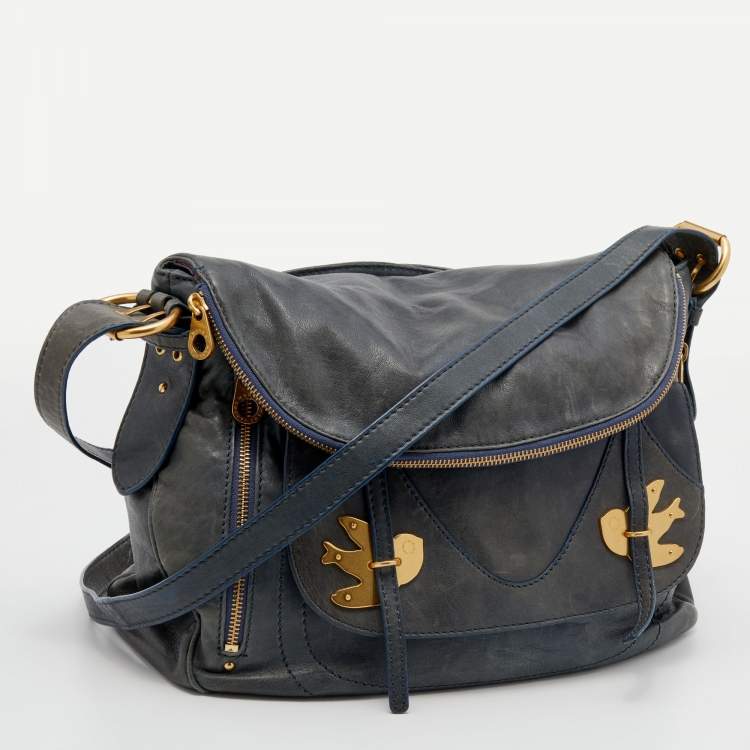 Pre Owned Marc by Marc Jacobs Navy Blue Leather Petal to the Metal Natasha Bird Shoulder Bag