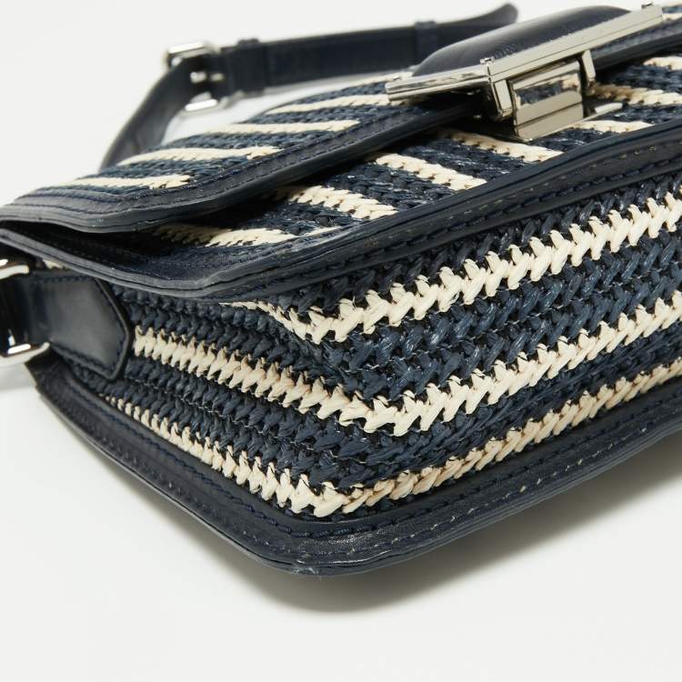Pre Owned Marc By Marc Jacobs Navy Blue/White Woven Raffia and Leather Flap Crossbody Bag