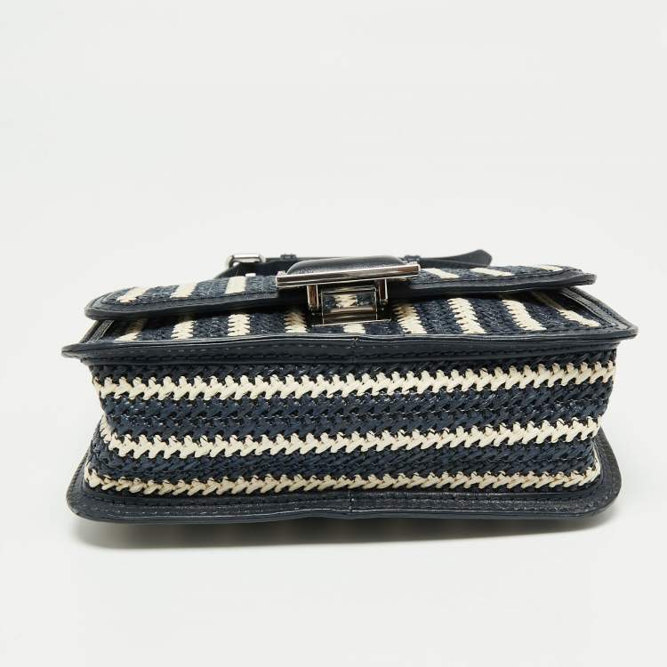 Pre Owned Marc By Marc Jacobs Navy Blue/White Woven Raffia and Leather Flap Crossbody Bag