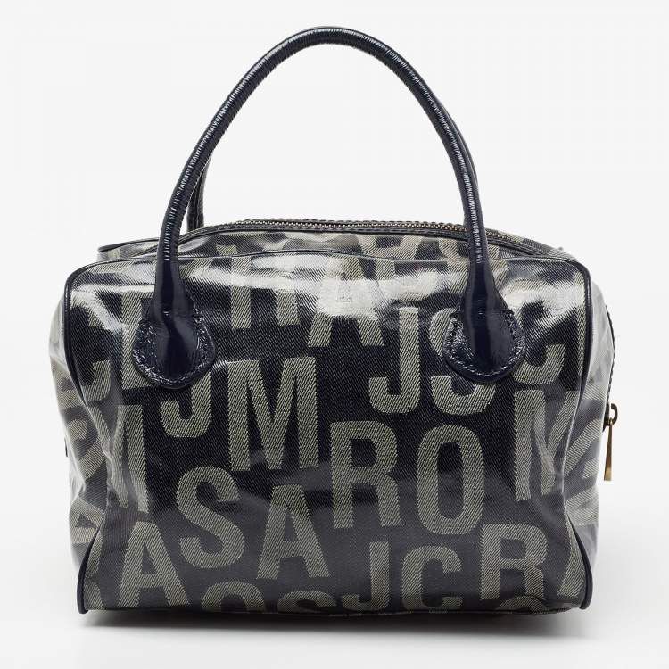 Pre Owned Marc by Marc Jacobs Navy Blue Patent Leather And Monogram Denim Satchel