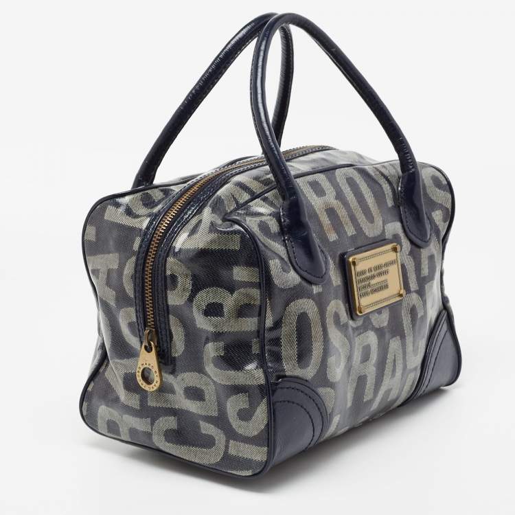 Pre Owned Marc by Marc Jacobs Navy Blue Patent Leather And Monogram Denim Satchel