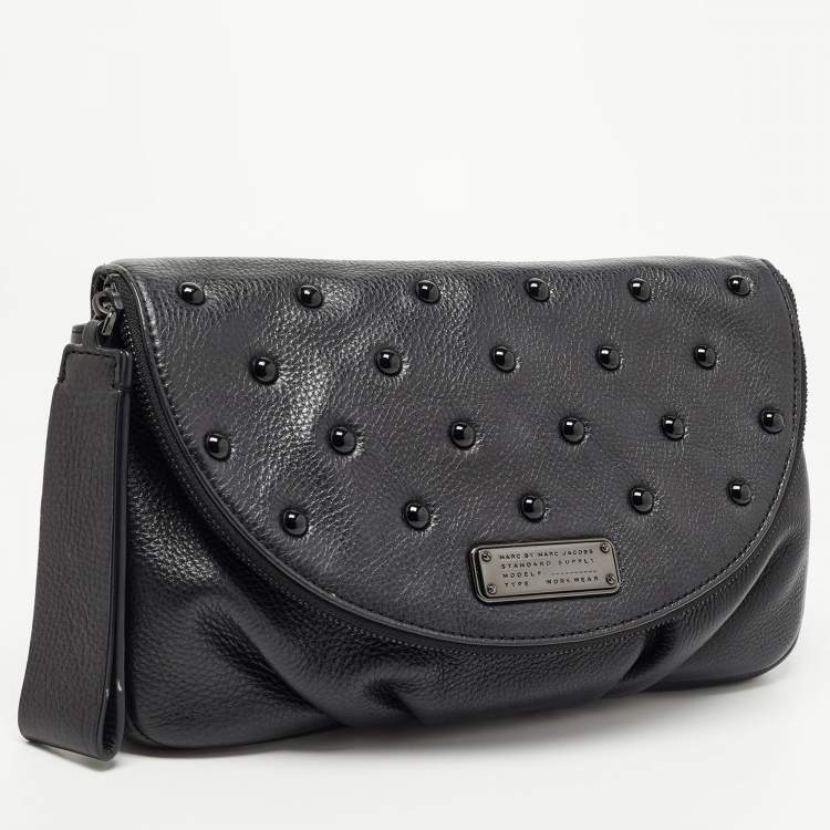 Pre Owned Marc by Marc Jacobs Black Leather Studded Fold Over Clutch