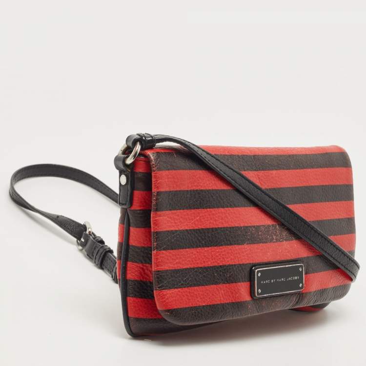 Pre Owned Marc by Marc Jacobs Red/Black Stripe Leather Percy Flap Crossbody Bag