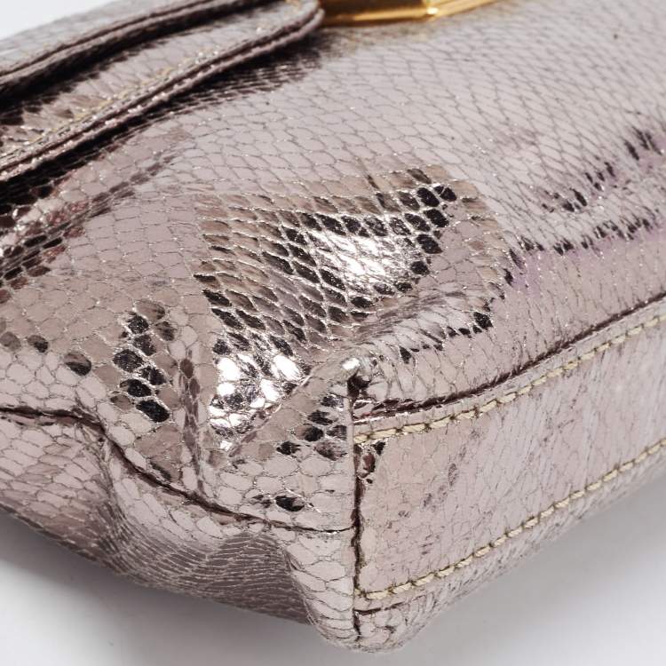 Pre Owned Marc by Marc Jacobs Metallic Silver Snakeskin Embossed Leather Foldover Clutch