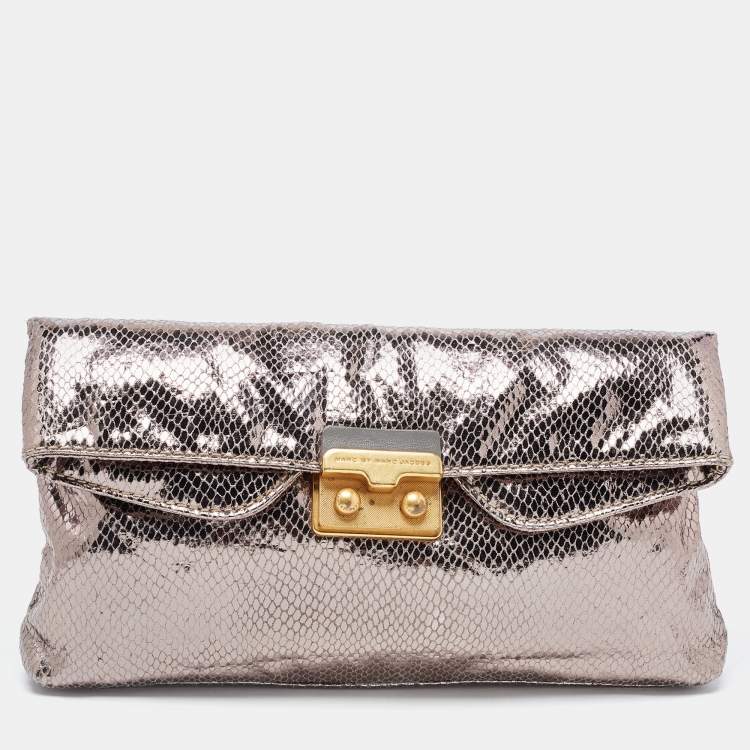 Marc by Marc Jacobs Metallic Silver Snakeskin Embossed Leather Foldover  Clutch Marc by Marc Jacobs