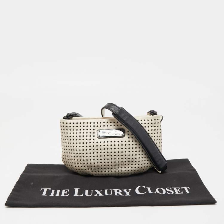 Pre Owned Marc by Marc Jacobs White/Black Perforated Leather Top Zip Crossbody Bag