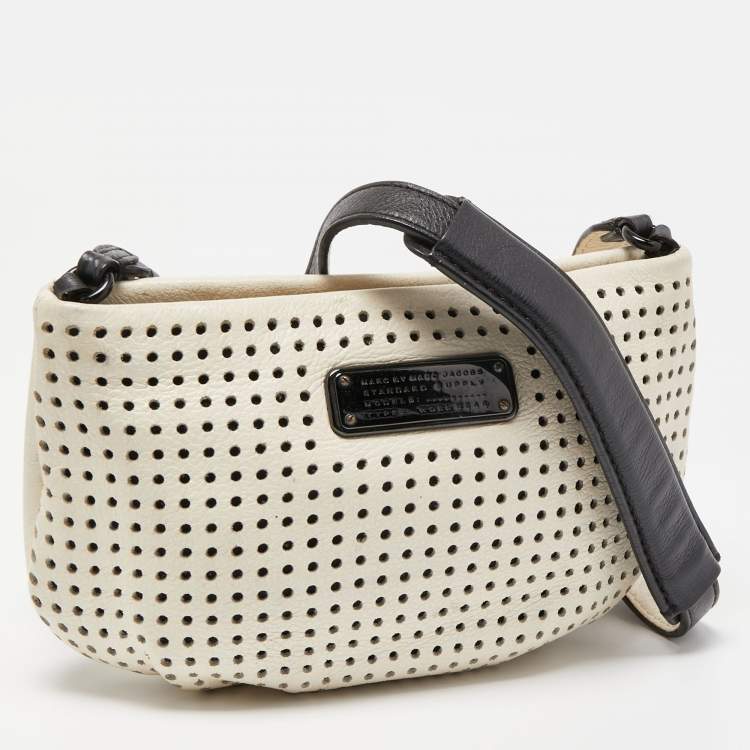 Pre Owned Marc by Marc Jacobs White/Black Perforated Leather Top Zip Crossbody Bag