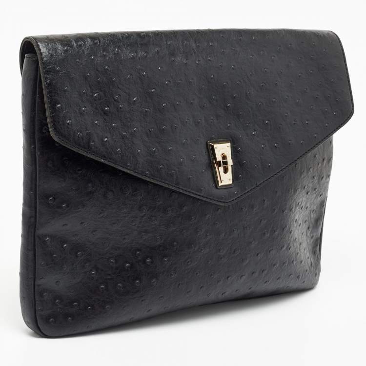 Pre Owned Marc by Marc Jacobs Black Ostrich Embossed Leather Flap Oversized Clutch
