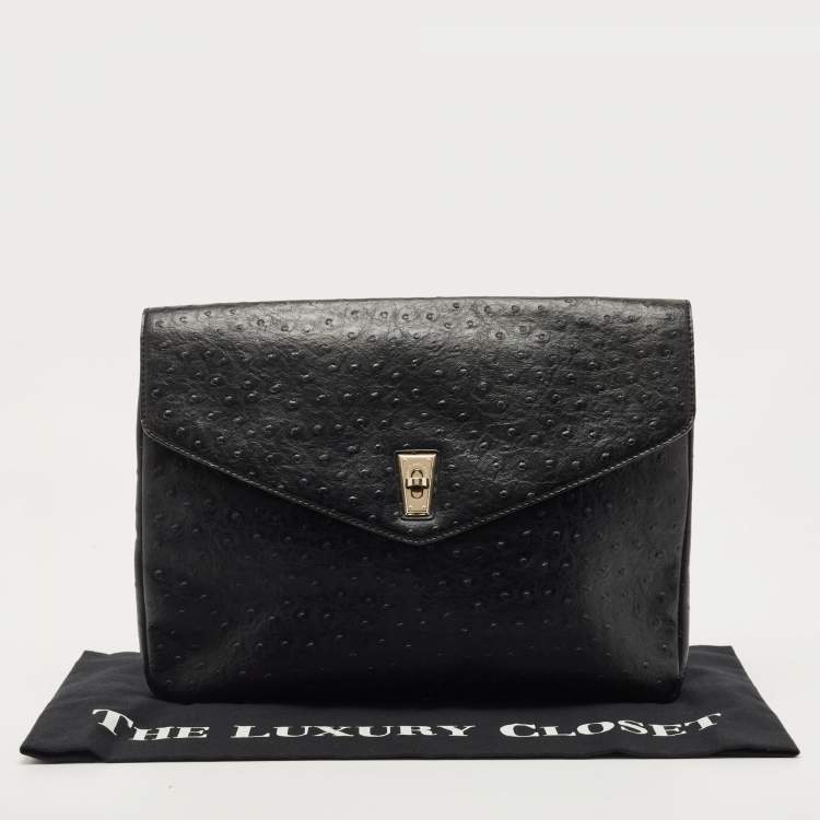 Pre Owned Marc by Marc Jacobs Black Ostrich Embossed Leather Flap Oversized Clutch