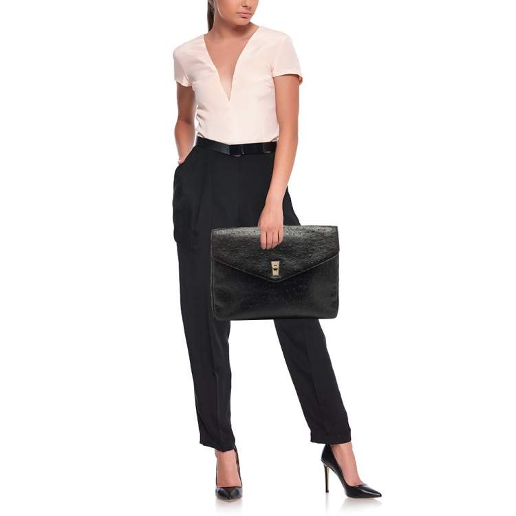 Pre Owned Marc by Marc Jacobs Black Ostrich Embossed Leather Flap Oversized Clutch