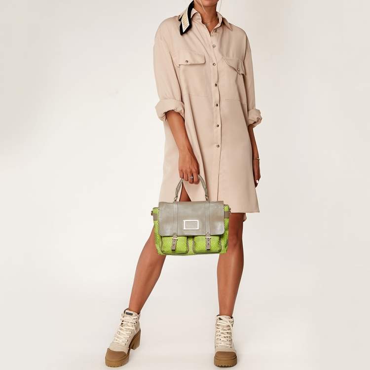 Pre Owned Marc by Marc Jacobs Neon Green/Grey Woven Patent and Leather Werdie Top Handle Bag