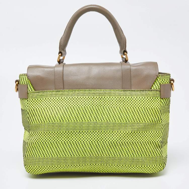 Pre Owned Marc by Marc Jacobs Neon Green/Grey Woven Patent and Leather Werdie Top Handle Bag