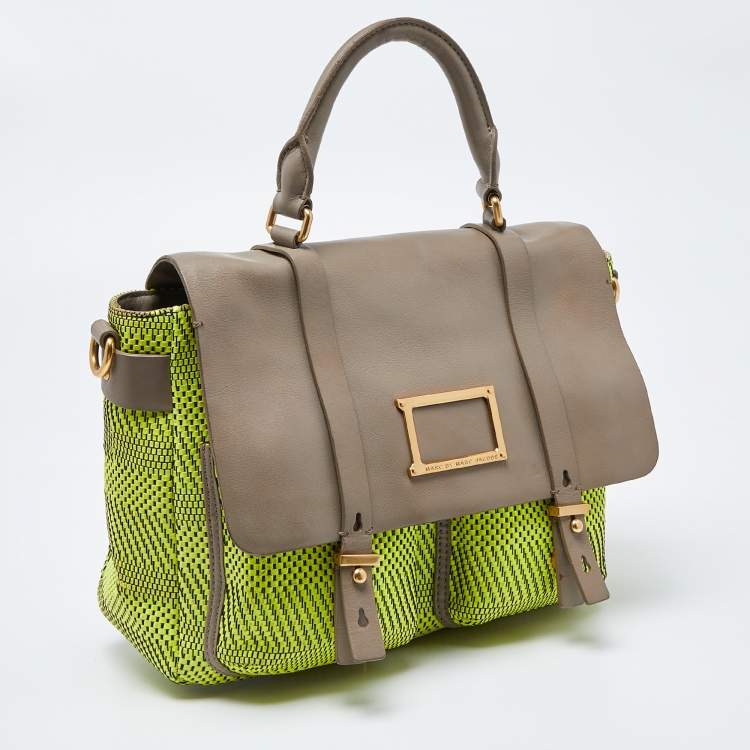 Pre Owned Marc by Marc Jacobs Neon Green/Grey Woven Patent and Leather Werdie Top Handle Bag