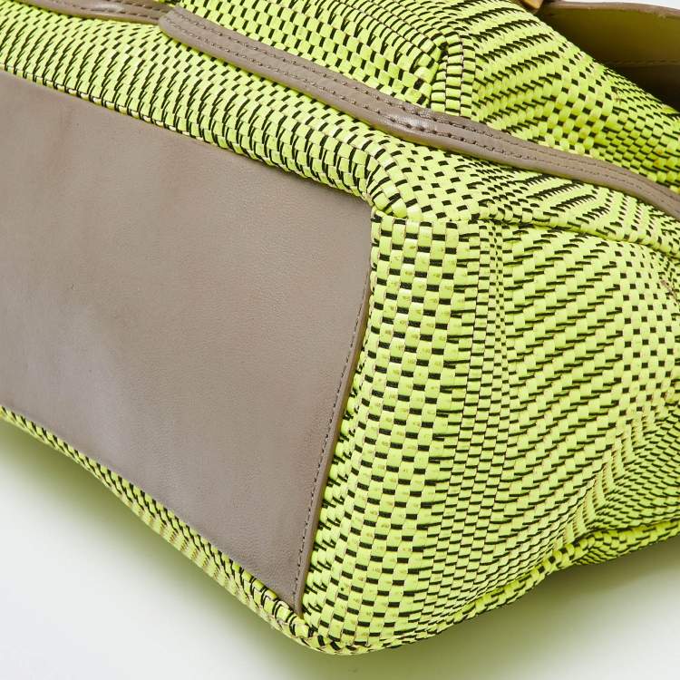Pre Owned Marc by Marc Jacobs Neon Green/Grey Woven Patent and Leather Werdie Top Handle Bag