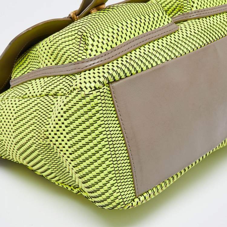 Pre Owned Marc by Marc Jacobs Neon Green/Grey Woven Patent and Leather Werdie Top Handle Bag