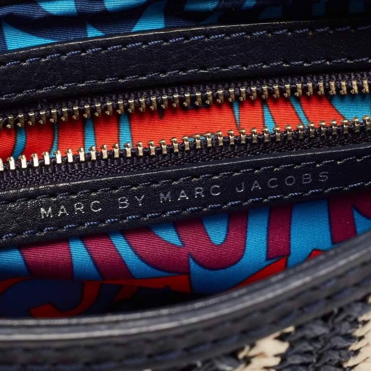 Pre Owned Marc By Marc Jacobs Navy Blue/White Woven Raffia and Leather Flap Crossbody Bag