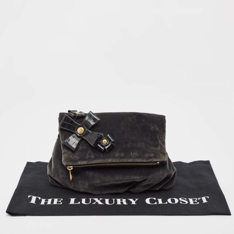 Pre Owned Marc by Marc Jacobs Grey/Black Velvet and Croc Embossed Leather Bow Fold Over Clutch