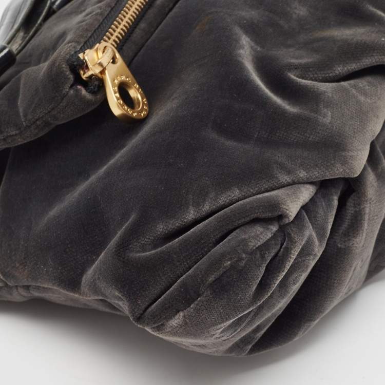 Pre Owned Marc by Marc Jacobs Grey/Black Velvet and Croc Embossed Leather Bow Fold Over Clutch