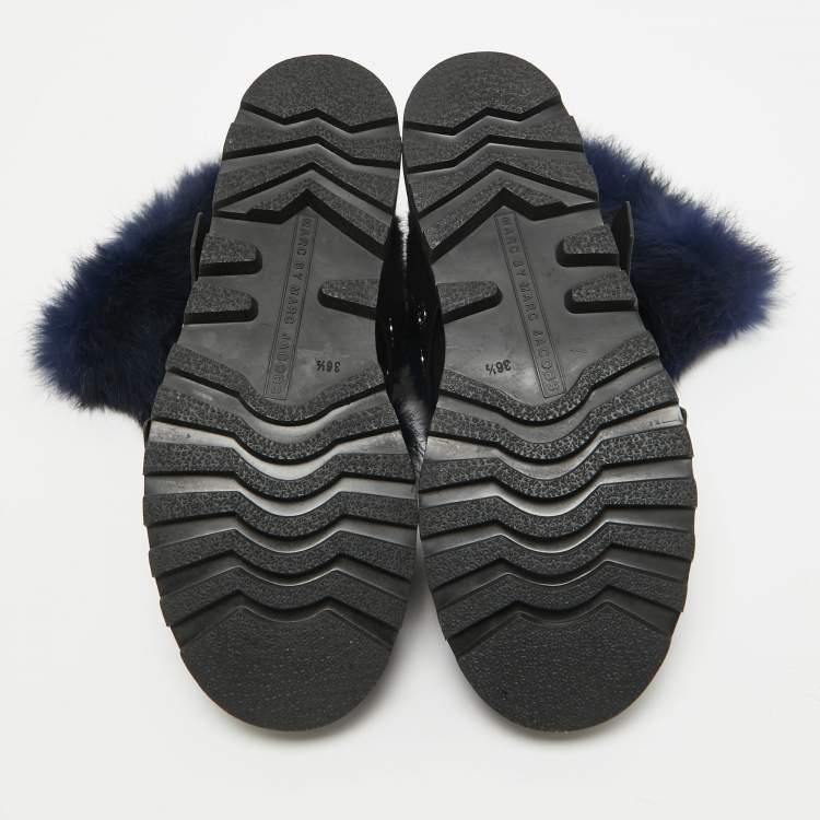 Pre Owned Marc by Marc Jacobs Black Shearing Fur and Leather Ankle Length Boots Size 36.5