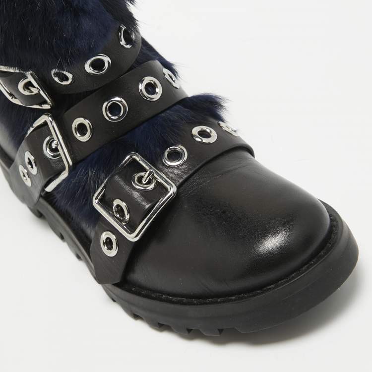 Pre Owned Marc by Marc Jacobs Black Shearing Fur and Leather Ankle Length Boots Size 36.5