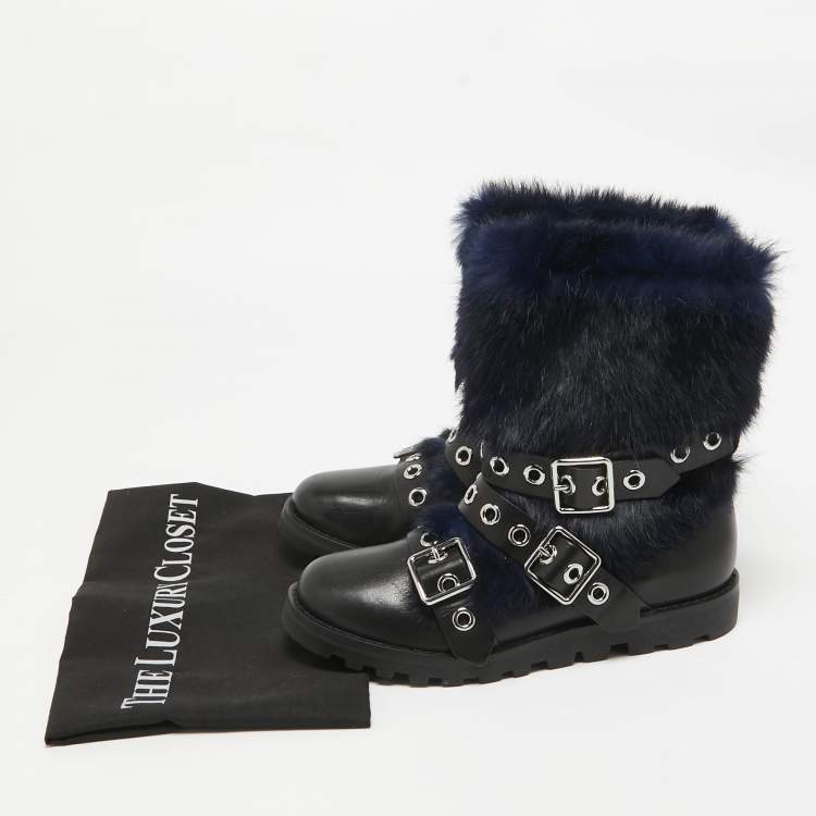 Pre Owned Marc by Marc Jacobs Black Shearing Fur and Leather Ankle Length Boots Size 36.5