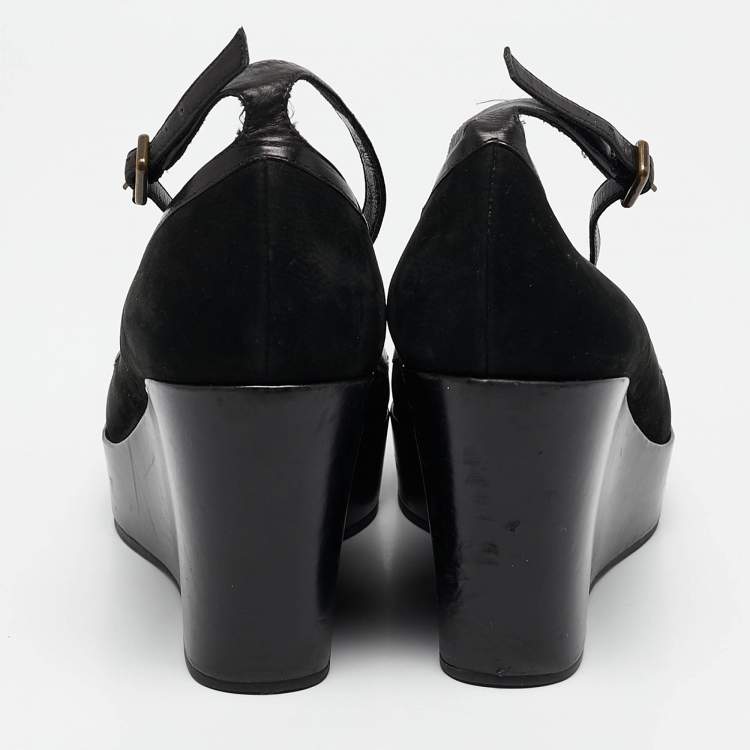 Pre Owned Marc by Marc Jacobs Black Leather and Nubuck Leather Wedge Pumps Size 39