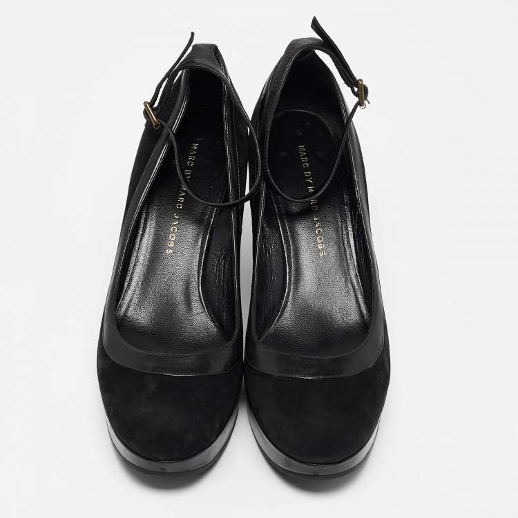 Pre Owned Marc by Marc Jacobs Black Leather and Nubuck Leather Wedge Pumps Size 39