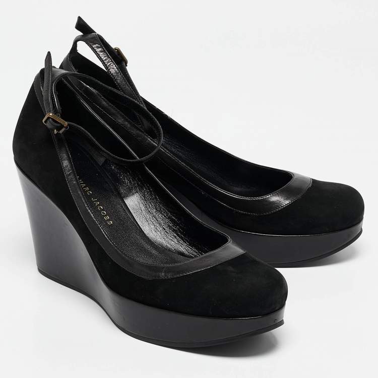 Pre Owned Marc by Marc Jacobs Black Leather and Nubuck Leather Wedge Pumps Size 39