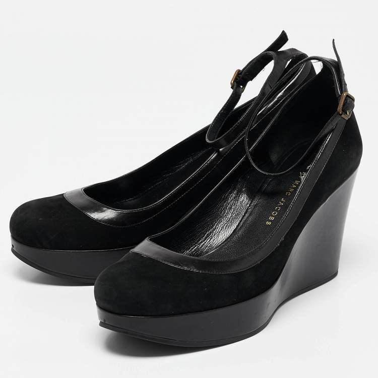 Pre Owned Marc by Marc Jacobs Black Leather and Nubuck Leather Wedge Pumps Size 39