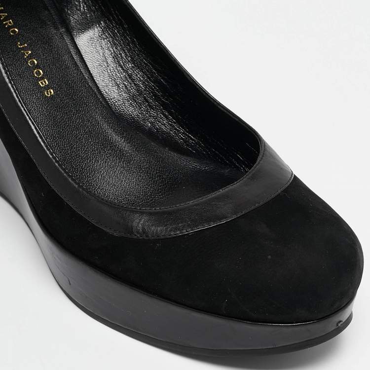 Pre Owned Marc by Marc Jacobs Black Leather and Nubuck Leather Wedge Pumps Size 39