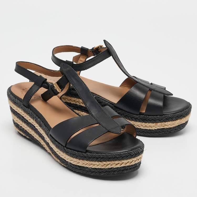 Pre Owned Marc by Marc Jacobs Black Leather Stripe Espadrille Wedge Sandals Size 39