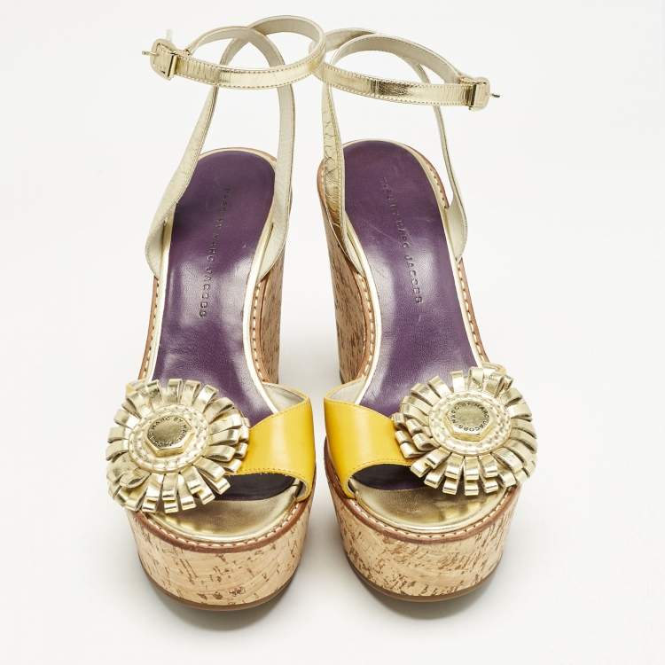 Pre Owned Marc by Marc Jacobs Yellow Leather Wedge Sandals Size 38