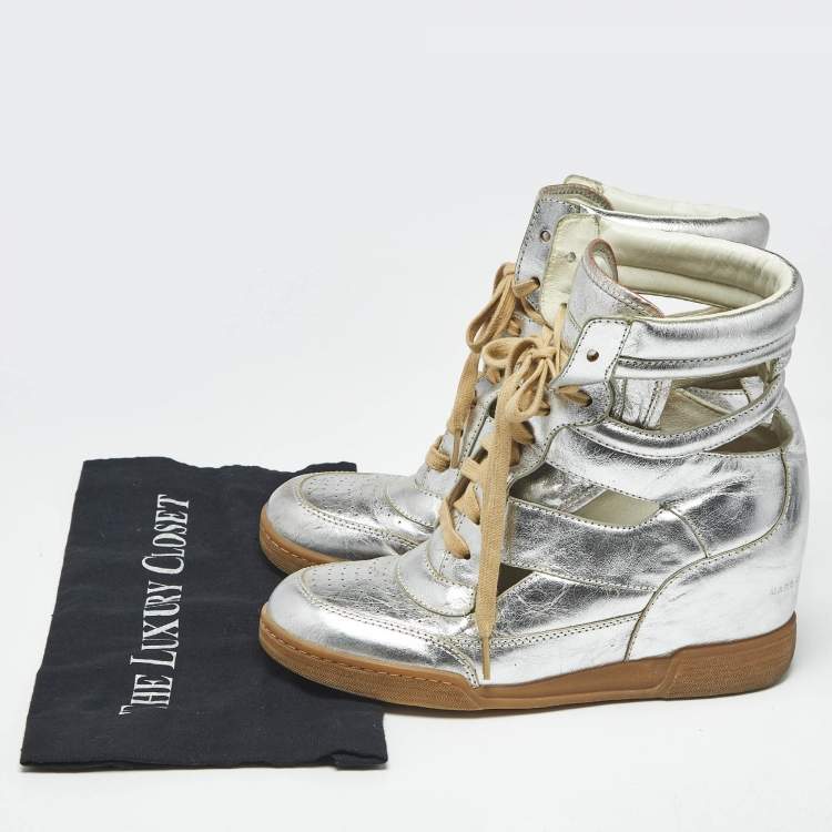 Pre Owned Marc by Marc Jacobs Silver Leather Cut Out High Top Sneakers Size 40